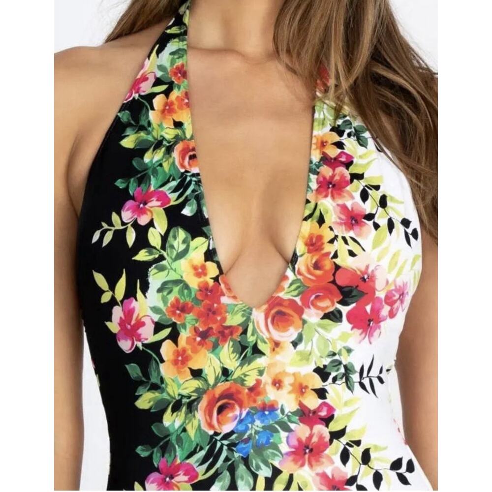 Johnny Was L Spring Halter One Piece Swim Suit Floral Plunging $198 NWT - Picture 4 of 13